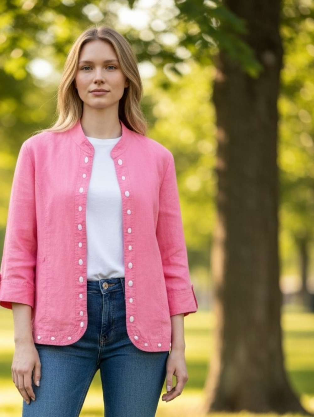 Elementz Linen Ligthweigth Coral Pink Band-Collar Blazer